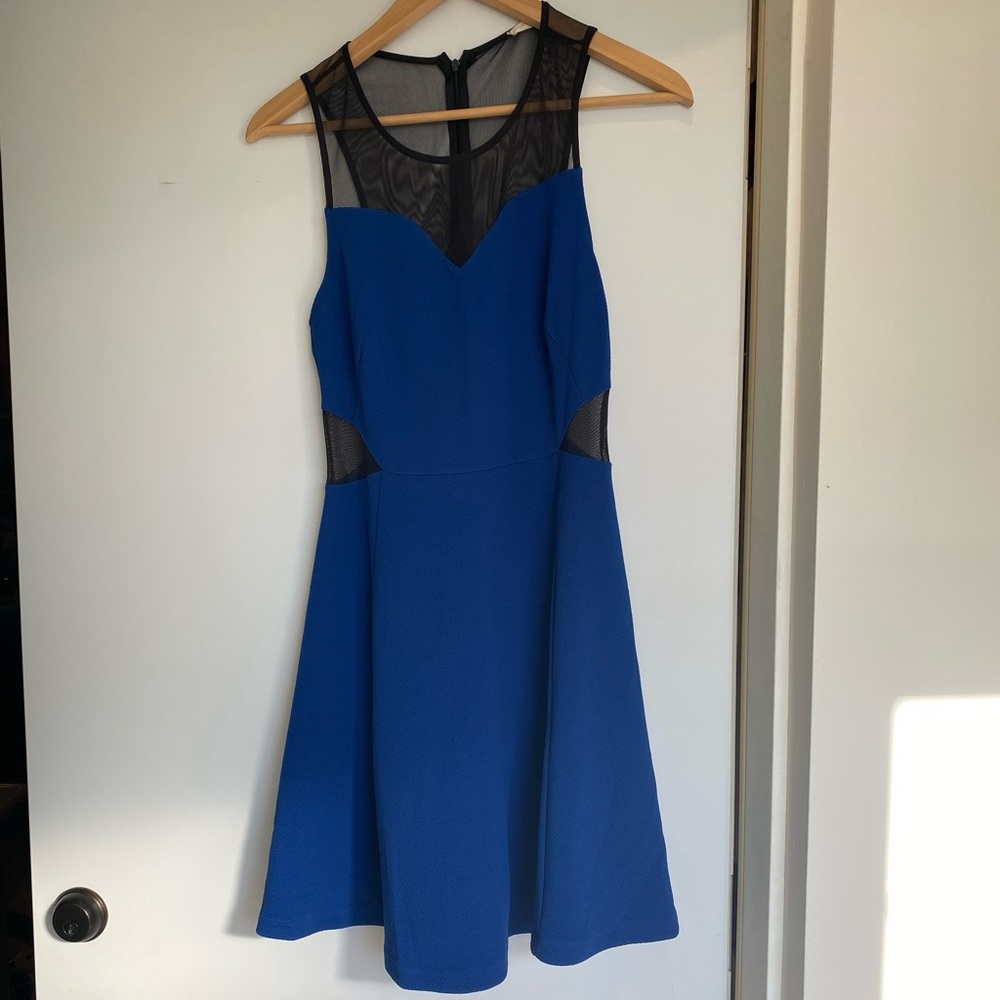 Lush - Blue sleeveless dress with black mesh at sides & neckline